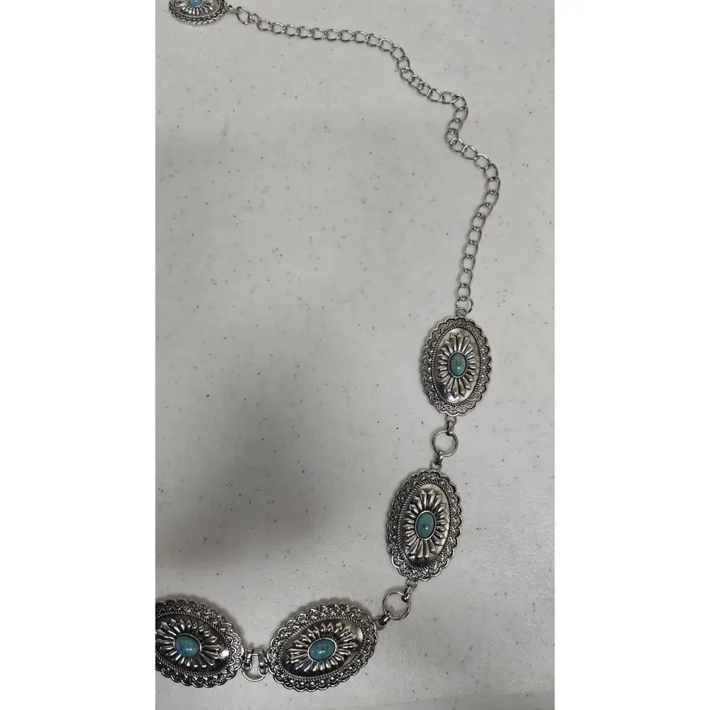 Beltiscool Women's Western Oval Turquoise Stone Concho Chain Belt